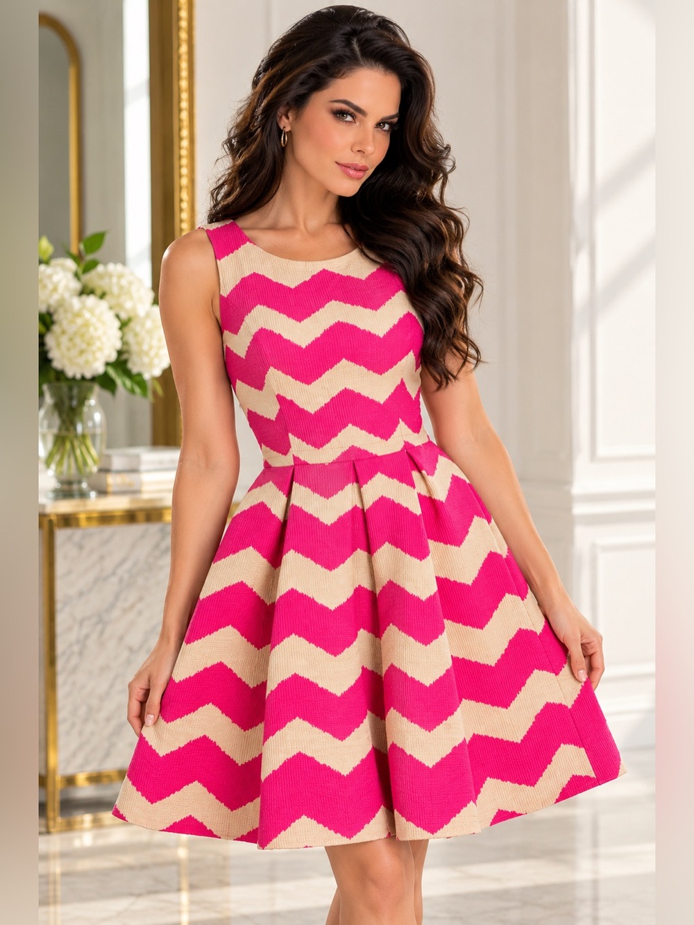 Just...Taylor Pink and Cream Chevron Midi Dress